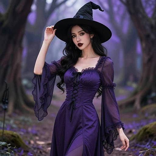 Digital art of a beautiful, fair-skinned witch in a dark purple, lace-trimmed dress and black hat, standing in a mystical, purple