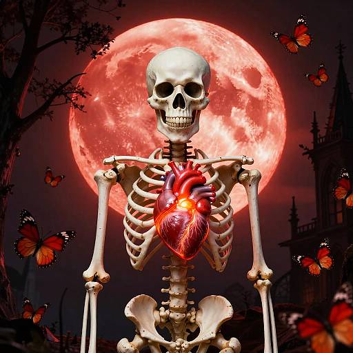 Digital artwork of a skeletal figure with a glowing red heart, set against a bright red full moon, surrounded by orange butterflies and dark silhouetted