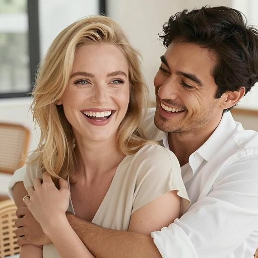 Blonde Woman Embraced by Dark-Haired Man