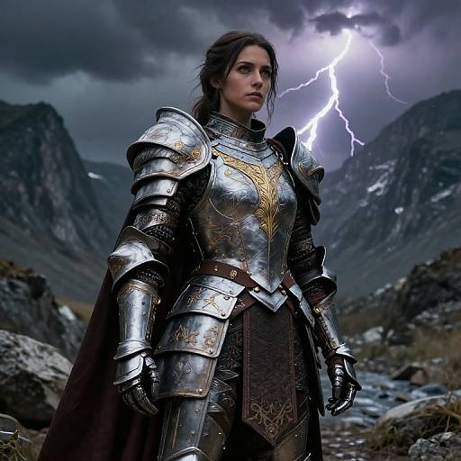 Digital art of a fierce woman in elaborate silver armor with gold accents, standing in a stormy mountain landscape with lightning.