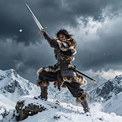 Viking warrior in fur armor wielding sword on snowy mountain peak, stormy sky overhead, dramatic lighting, dynamic pose, digital art.