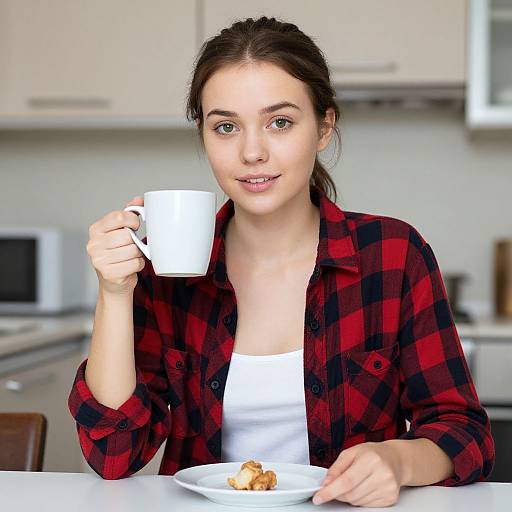 Young woman with fair skin, brown hair in a ponytail, wearing a red plaid shirt over a white tank top, sips coffee at a