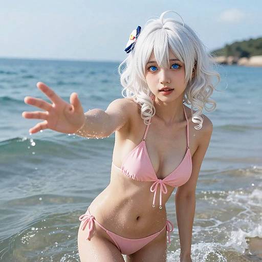 Photograph of a young woman with white, wavy hair, blue eyes, and fair skin, wearing a pink bikini, extending her hand towards the