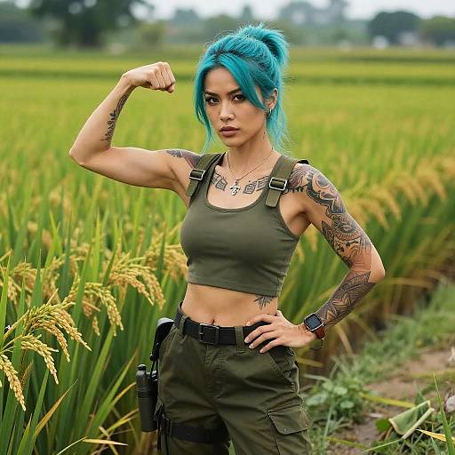 Confident Woman in Lush Rice Field