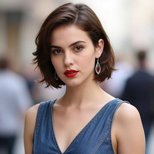 Photograph of a young woman with short brown hair, red lipstick, wearing a blue sleeveless dress, and red teardrop earrings, standing in