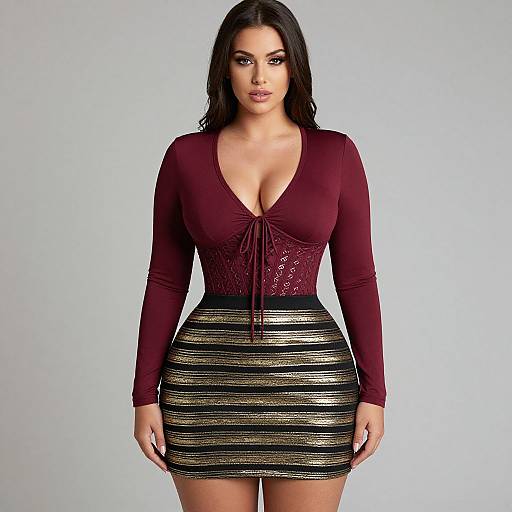 Photograph of a curvy woman with long black hair, wearing a deep burgundy V-neck top with lace detail and a black and gold striped skirt