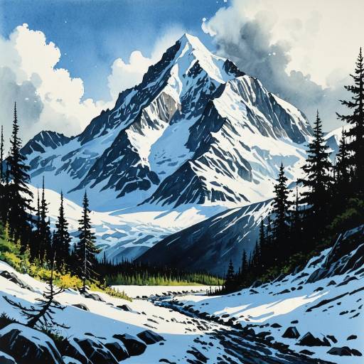 Watercolor Snow-Capped Alaskan Mountain Peak