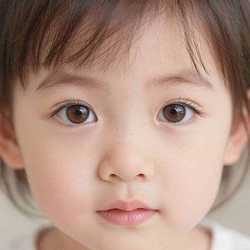 Close-up photograph of an Asian baby with large, dark brown eyes, soft pink cheeks, and short, dark brown hair, looking slightly to the right