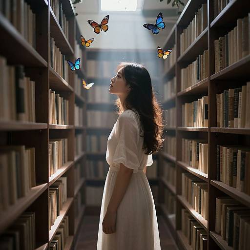 Photograph of a young woman with long dark hair in a white dress, standing in a sunlit library aisle, surrounded by glowing butterflies.