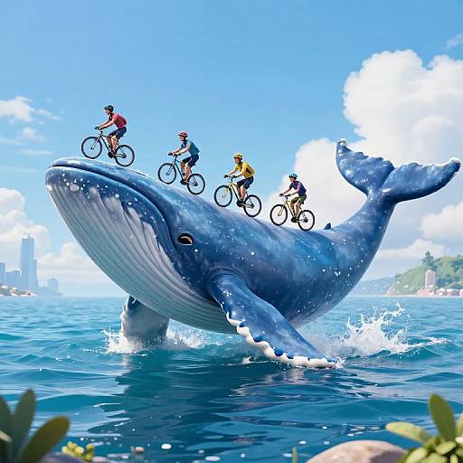 Digital illustration of four cyclists riding on a giant blue whale's back in the ocean, with a bright blue sky and distant cityscape. Whale splashes