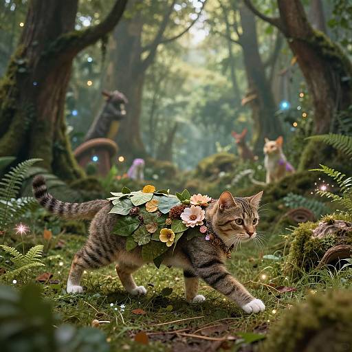 Photograph of a tabby cat with a flower crown, walking through a magical forest filled with fairy lights and blurred, ethereal creatures.