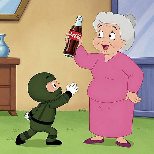 Cartoon image of an elderly white woman in a pink dress and burglar in black outfit clinking Coca-Cola bottles indoors.