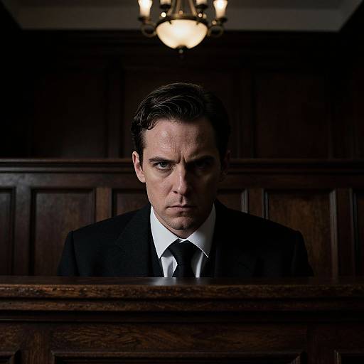 Photograph of serious, dark-haired man in black suit and tie, half-lit by chandelier, standing behind dark wooden judge's bench.