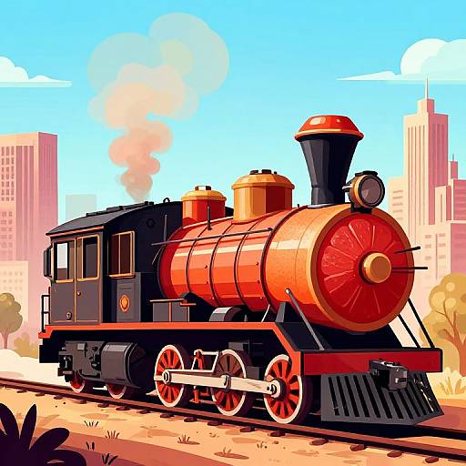Digital illustration of a vibrant red and black steam locomotive with white wheels, emitting smoke, set against a sunny cityscape with tall buildings in the background