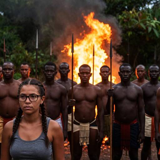 Dramatic Jungle Scene with Fire and Warriors
