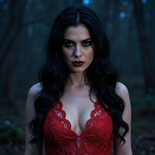 Photograph of a pale-skinned woman with long, wavy black hair, wearing a red lace dress with deep cleavage, standing in a dark