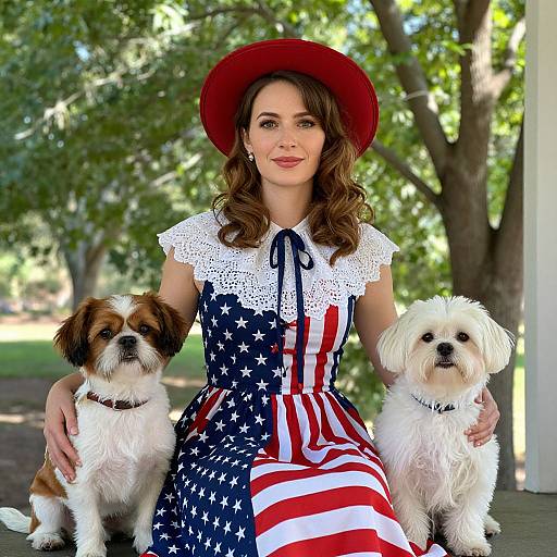 Photograph of a woman with wavy brown hair, wearing a red hat, white lace collar dress with American flag pattern, seated outdoors, flanked