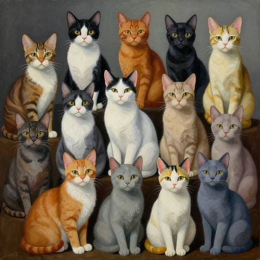 Photograph-style painting of 12 colorful cats with various fur patterns and colors, sitting in a semi-circle against a dark background.