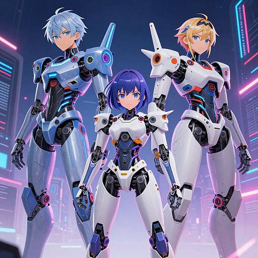 Digital anime artwork of three cybernetic characters with blue, purple, and blonde hair in white and blue futuristic armor, standing in a neon-lit