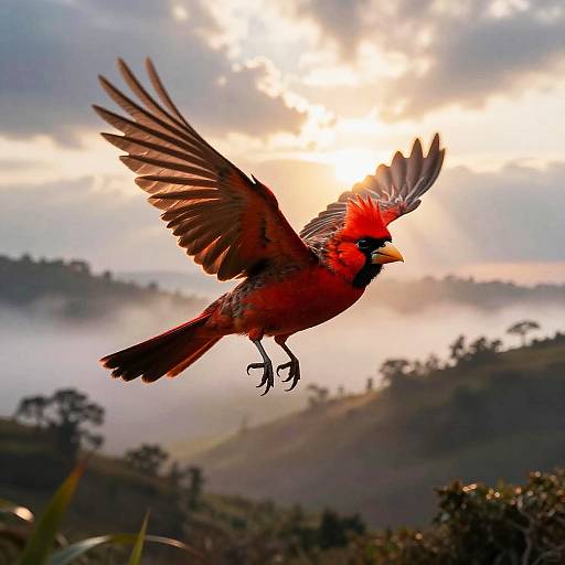 Red Canary Soaring Over Misty Valley