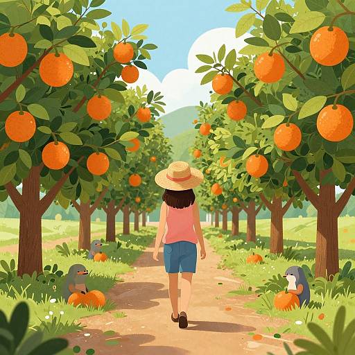Digital illustration of a girl in a straw hat and pink shirt walking down an orange tree-lined path with two small birds. Bright, sunny, and vibrant