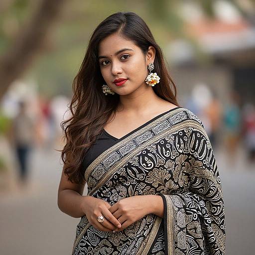Photograph of a beautiful Indian woman with long dark hair, wearing a black and gold patterned sari, floral earrings, and red lipstick, standing