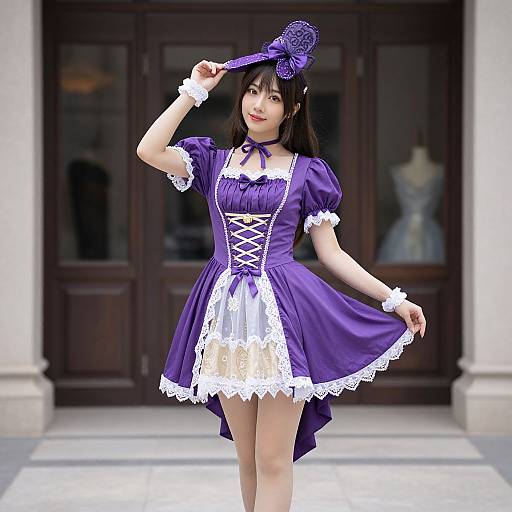 Photograph of a young Asian woman in a purple gothic lolita dress with white lace, holding a matching hat, standing in front of a dark