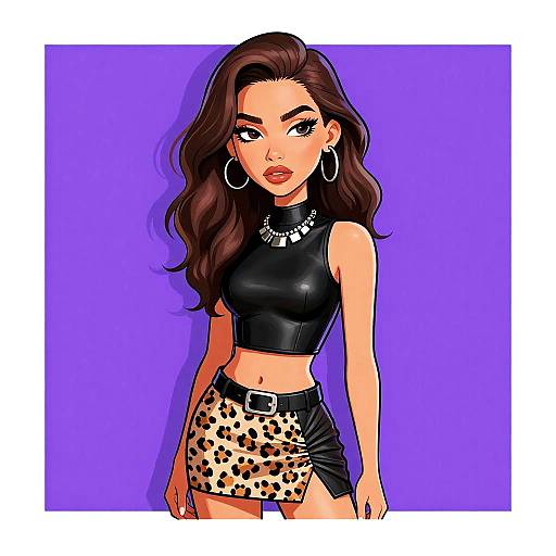 Digital illustration of a confident woman with long brown hair, wearing a black leather crop top, leopard print mini skirt, and silver jewelry, set against a