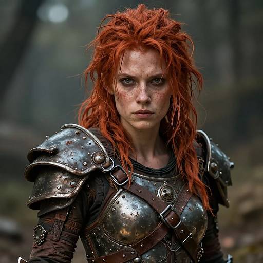 Photograph of a fierce, red-haired woman with freckles, wearing dented, silver medieval armor in a forest, intense gaze, wet hair