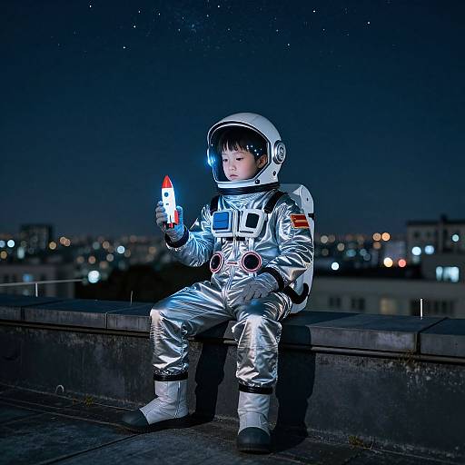 Photograph of a young Asian child in a silver astronaut suit, holding a glowing red and blue flashlight, sitting on a rooftop at night, city lights