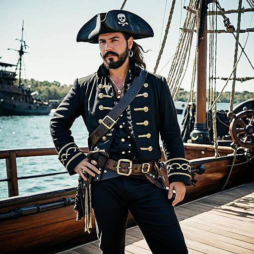 Man in Pirate Costume on Ship Deck