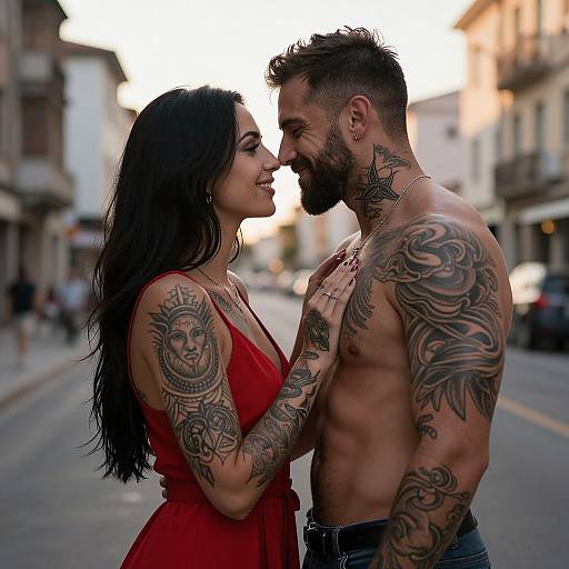 Photograph of a tattooed, shirtless bearded man and a woman in a red dress, kissing passionately on a sunlit, blurred street.