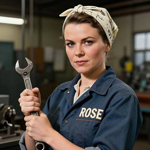 Photograph of a serious young woman with blue eyes, light skin, and brown hair in a beige headscarf, wearing a navy blue 