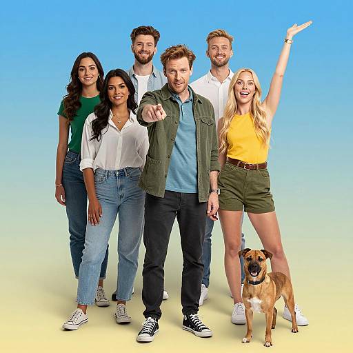 Vibrant Group Photo with Six People and Dog