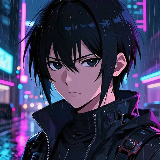 Digital anime drawing of a serious young man with black hair, wearing a black jacket, in a neon-lit, rainy city street.