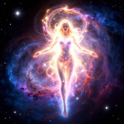 Digital artwork of a glowing, ethereal woman floating in a vibrant, cosmic nebula with swirling colors, surrounded by stars.