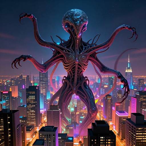 Glowing, tentacled monster looms over neon-lit cityscape, with skyscrapers and colorful lights below. Digital art in vibrant