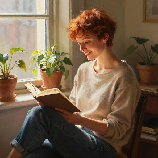 Photograph of a red-haired woman in a white sweater, reading a book by sunlit window, surrounded by potted plants.
