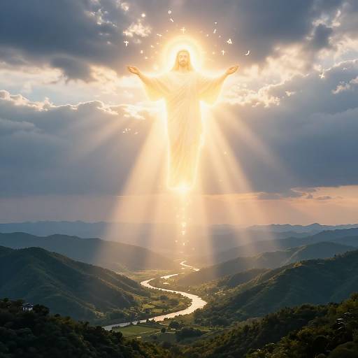 Photograph of a sunlit mountain valley with rays of sunlight piercing through clouds, illuminating a winding river below lush green hills.