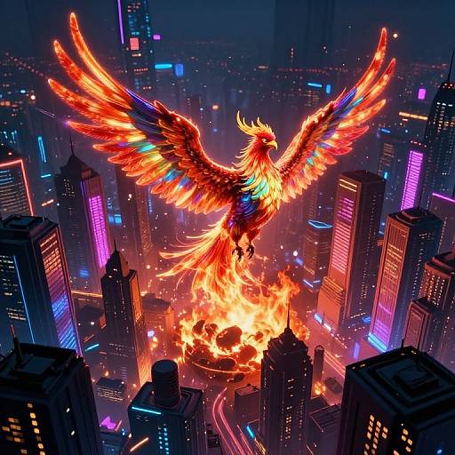 Digital art of a fiery, vibrant phoenix with outstretched wings emerging from a blazing city center, surrounded by neon-lit skyscrapers.