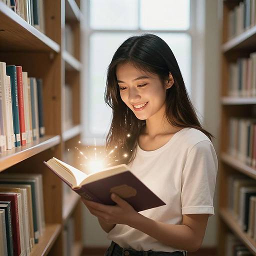 Photograph of a smiling Asian woman with long black hair, wearing a white t-shirt, reading a glowing book in a library.