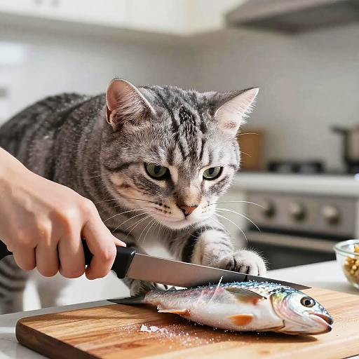Hyper-Realistic Grey Tabby Cat Cutting Fish
