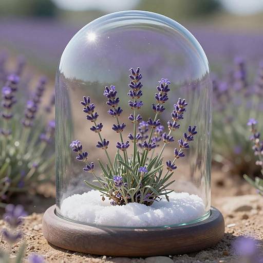 Photograph of a clear glass dome encasing a cluster of purple lavender flowers with white snow at its base, set in a sunlit lavender field.
