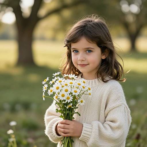 Photograph of a young girl with brown hair, blue eyes, wearing a white knit sweater, holding a bouquet of white daisies in a sun