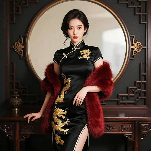Photograph of an Asian woman with short black hair, wearing a black cheongsam with gold dragon embroidery and red fur stole, standing in front of