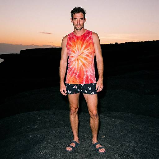 Photograph of a man with short dark hair, wearing a red tie-dye tank top, black shorts with white patterns, and black sandals, standing