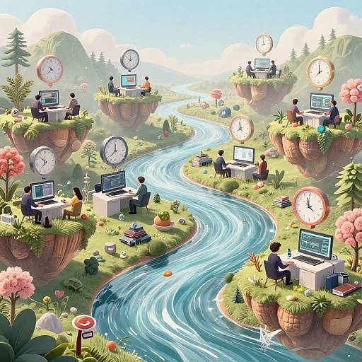 Digital illustration of floating islands with clock-topped cliffs, people working on laptops, lush greenery, winding blue river, and bright sunlight.