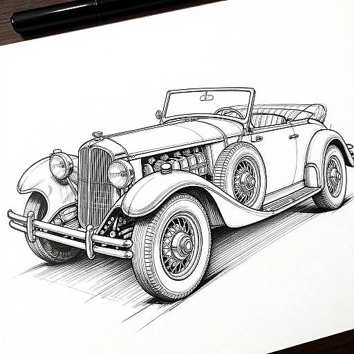 Black and white ink drawing of a vintage convertible car with detailed line work, showcasing classic fenders and open-top design.