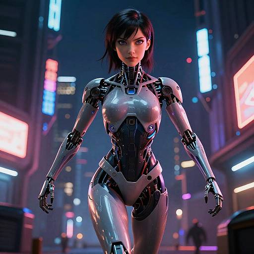 CGI image of a futuristic, black-haired, cybernetic woman with a sleek, metallic silver and black bodysuit, walking through a neon