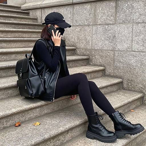 Urban Woman on Stone Steps with Phone